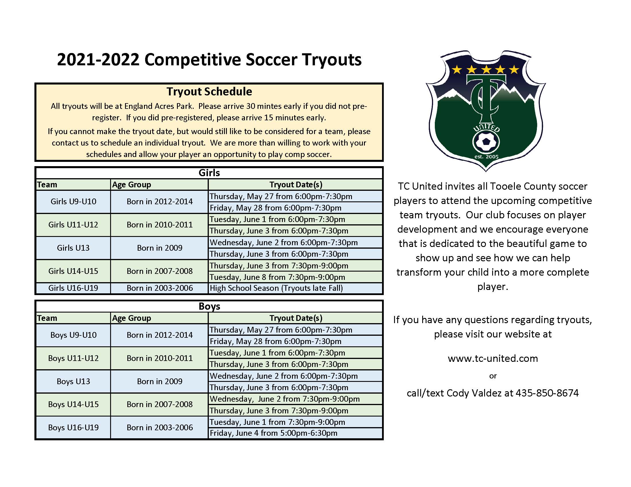Tryout Schedule 2021