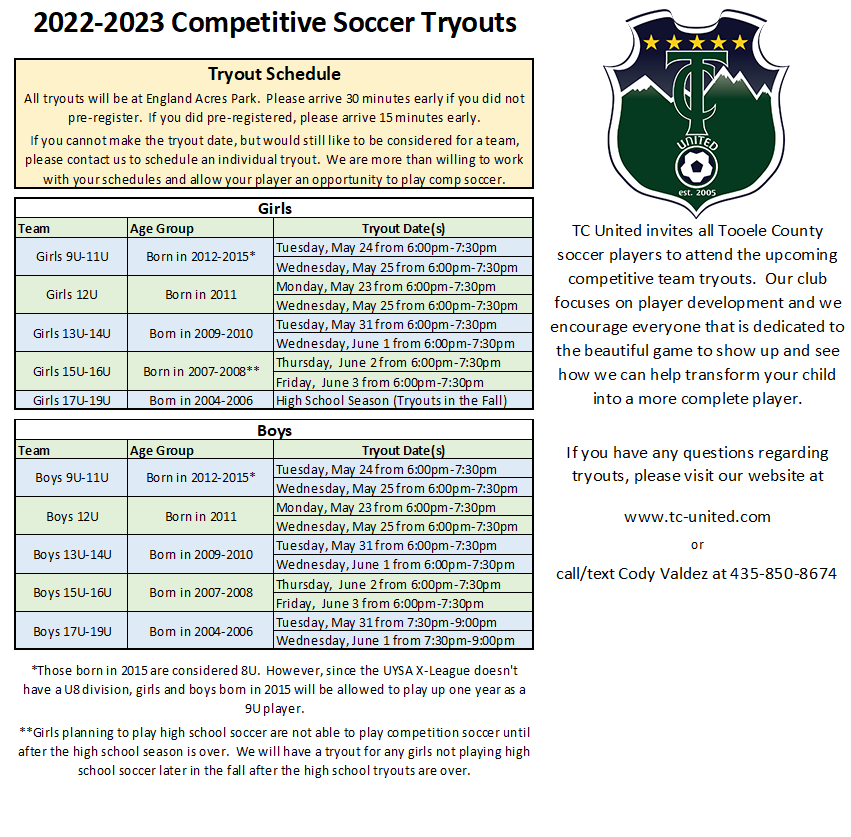 Tryout Schedule 2022
